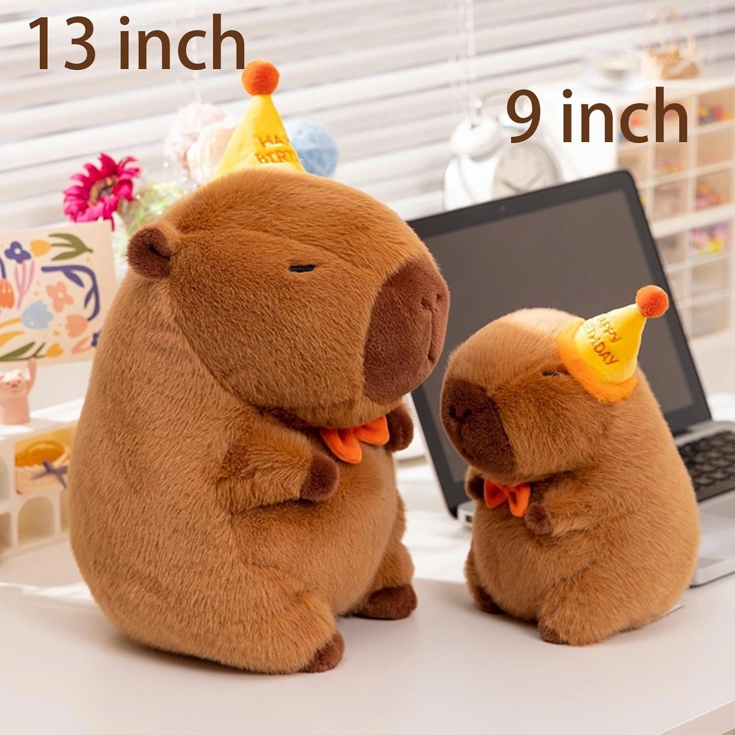 Capybara Plush with Yellow Happy Birthday Hat Bow 9 inch Cute Capibara Stuffed Animal Party Decoration Soft Plushies Toys Kawaii Gifts for Kids Brown