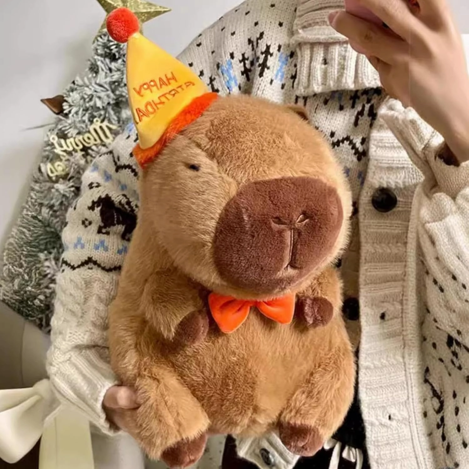 Capybara Plush with Yellow Happy Birthday Hat Bow 9 inch Cute Capibara Stuffed Animal Party Decoration Soft Plushies Toys Kawaii Gifts for Kids Brown
