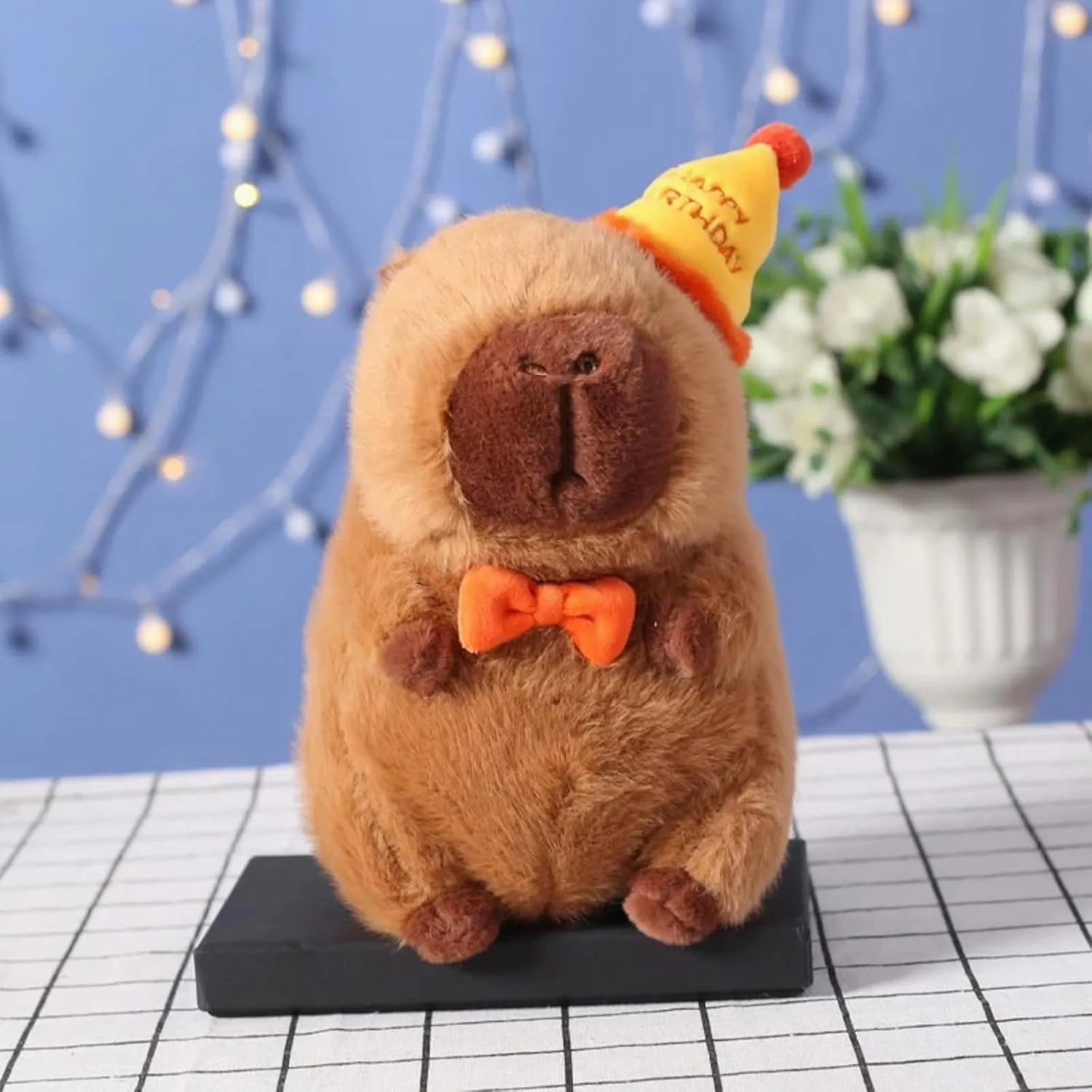Capybara Plush with Yellow Happy Birthday Hat Bow 9 inch Cute Capibara Stuffed Animal Party Decoration Soft Plushies Toys Kawaii Gifts for Kids Brown