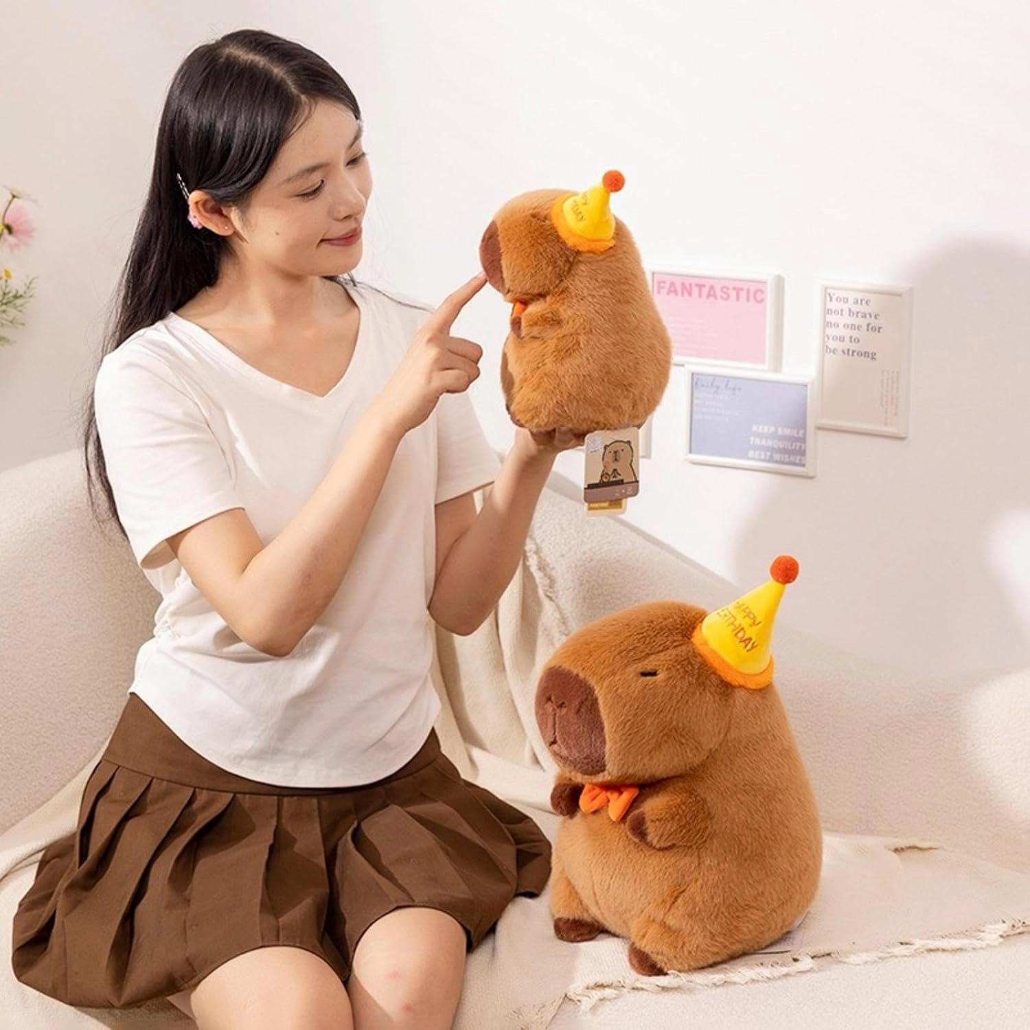 Capybara Plush with Yellow Happy Birthday Hat Bow 9 inch Cute Capibara Stuffed Animal Party Decoration Soft Plushies Toys Kawaii Gifts for Kids Brown