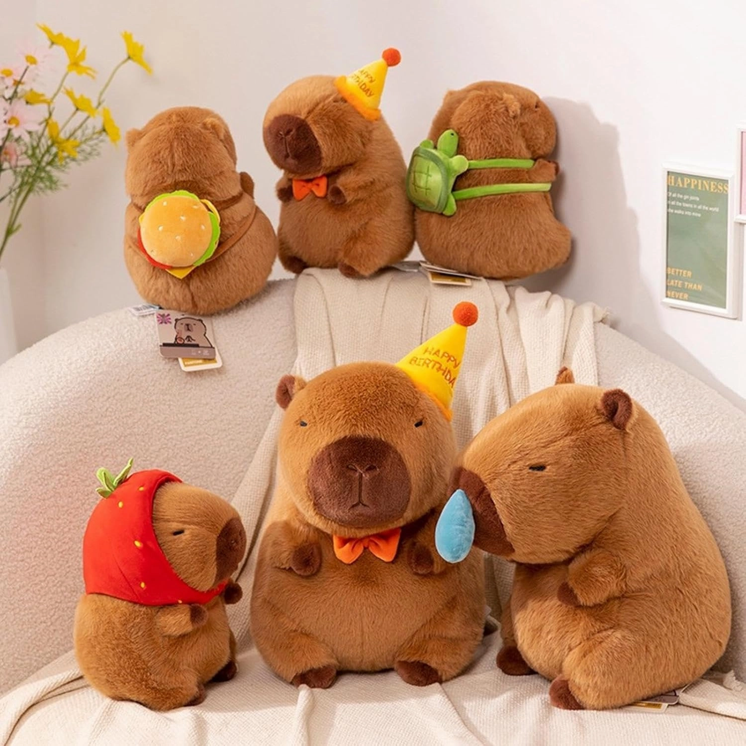 Capybara Plush with Yellow Happy Birthday Hat Bow 9 inch Cute Capibara Stuffed Animal Party Decoration Soft Plushies Toys Kawaii Gifts for Kids Brown