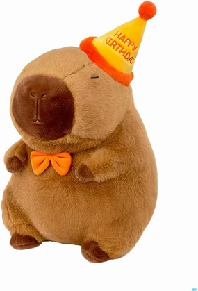 Capybara Plush with Yellow Happy Birthday Hat Bow 9 inch Cute Capibara Stuffed Animal Party Decoration Soft Plushies Toys Kawaii Gifts for Kids Brown