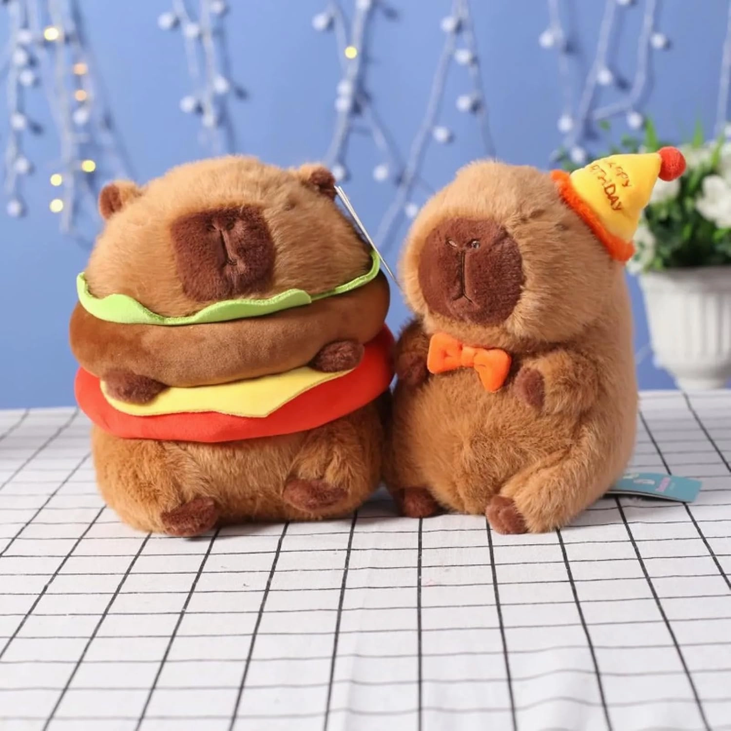 Capybara Plush with Yellow Happy Birthday Hat Bow 9 inch Cute Capibara Stuffed Animal Party Decoration Soft Plushies Toys Kawaii Gifts for Kids Brown