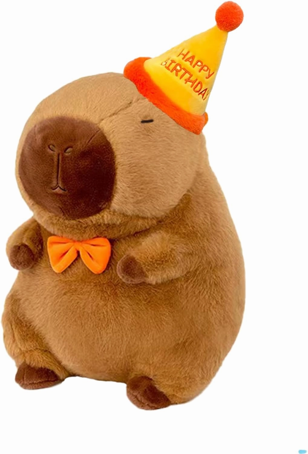 Capybara Plush with Yellow Happy Birthday Hat Bow 9 inch Cute Capibara Stuffed Animal Party Decoration Soft Plushies Toys Kawaii Gifts for Kids Brown