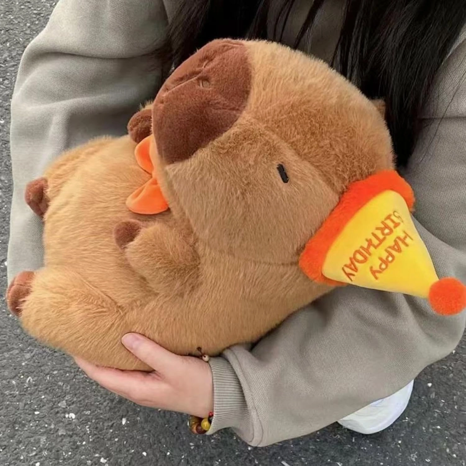 Capybara Plush with Yellow Happy Birthday Hat Bow 9 inch Cute Capibara Stuffed Animal Party Decoration Soft Plushies Toys Kawaii Gifts for Kids Brown