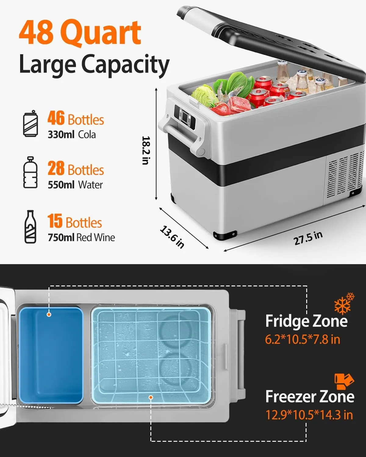 Car Fridge Portable 12V Refrigerator - 48 Quart(45L) Electric Cooler with AC/DC for Truck Van RV Camper SUV, Car Refrigerator Freezer for Camping Boat Travel, APP Control, -4~68°F
