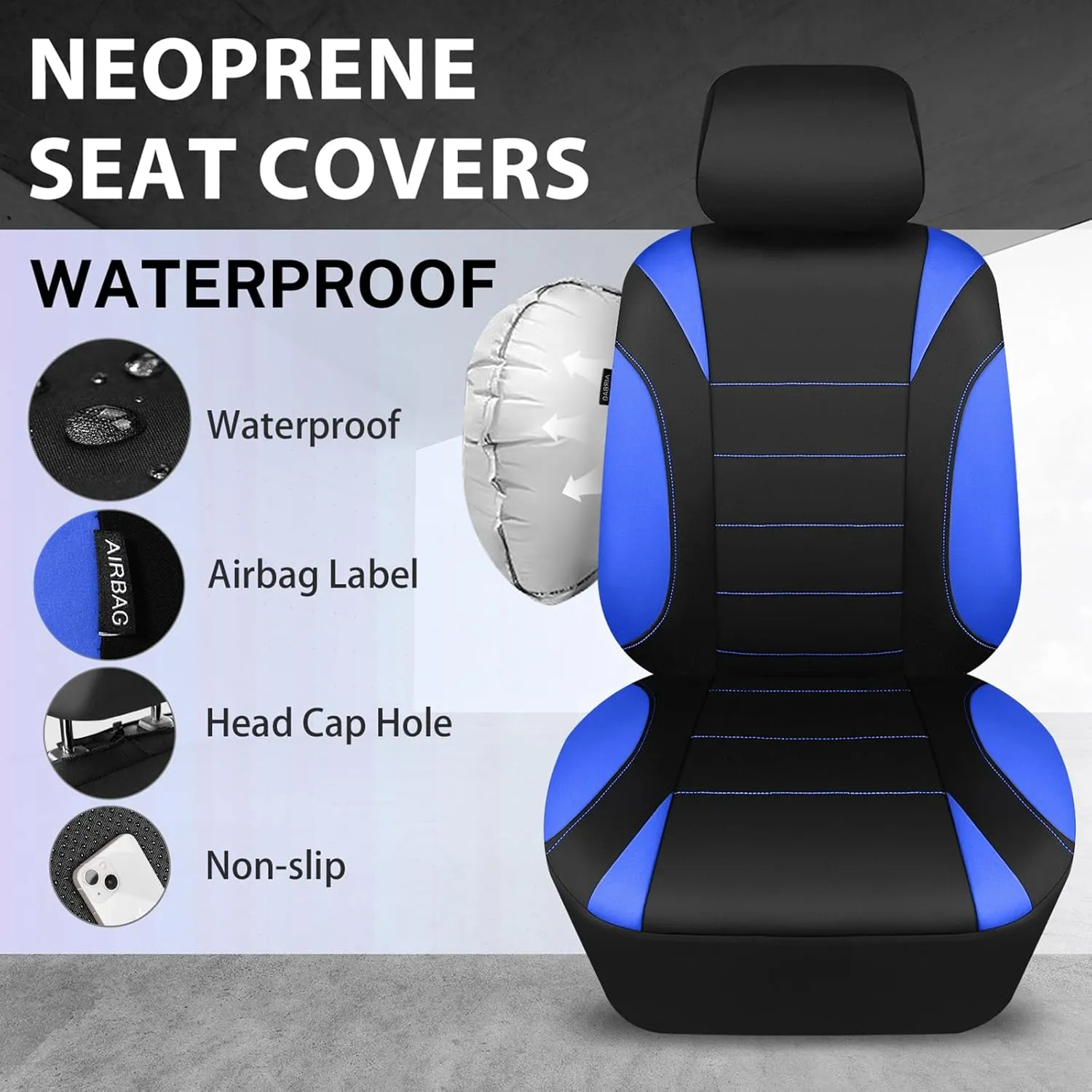 CAR PASS Neoprene Wetsuit Seat Covers, Waterproof Car Seat Covers Front with 5mm Composite EVA, Universal Fit for Car,Sedan SUV Trucks Anti Slip with Armrests, Airbag Compatible(Black and Blue