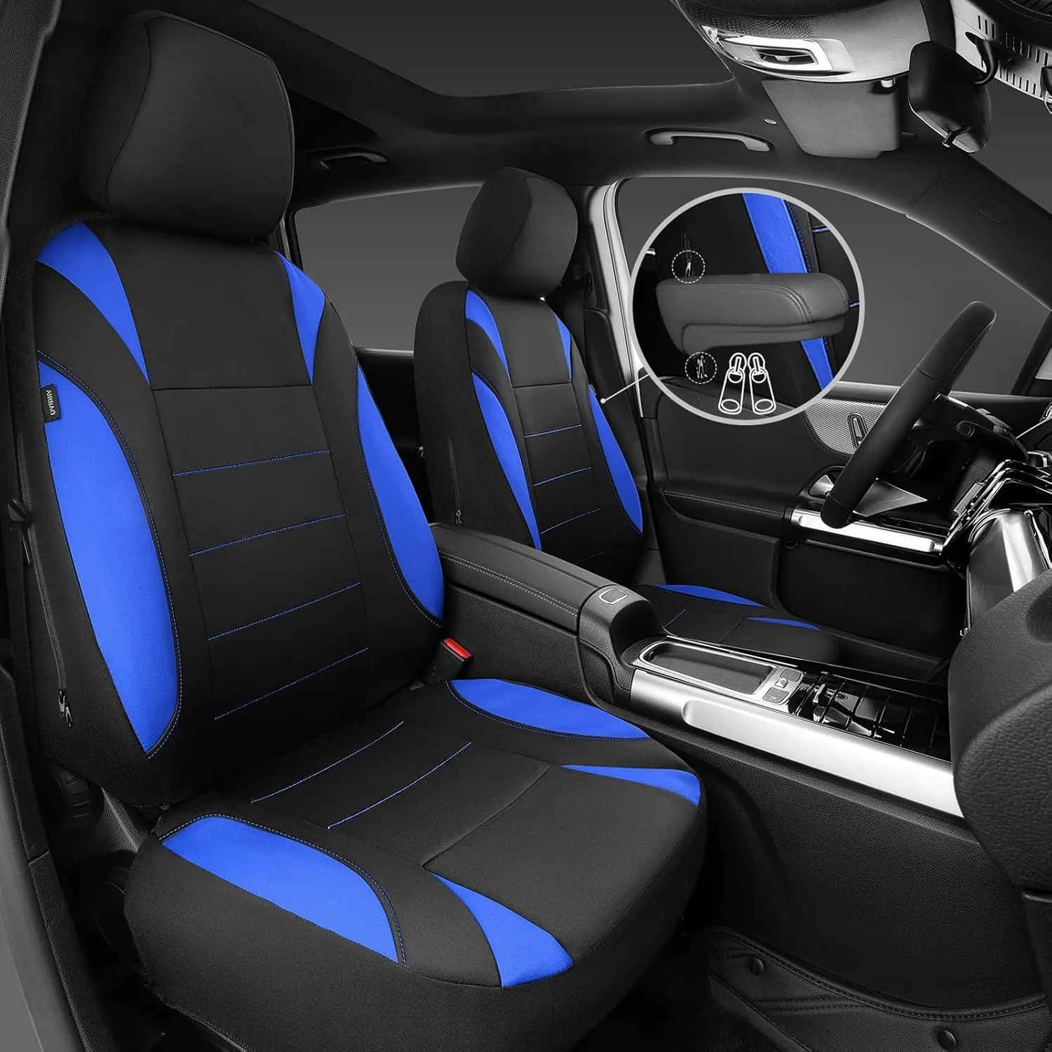 CAR PASS Neoprene Wetsuit Seat Covers, Waterproof Car Seat Covers Front with 5mm Composite EVA, Universal Fit for Car,Sedan SUV Trucks Anti Slip with Armrests, Airbag Compatible(Black and Blue