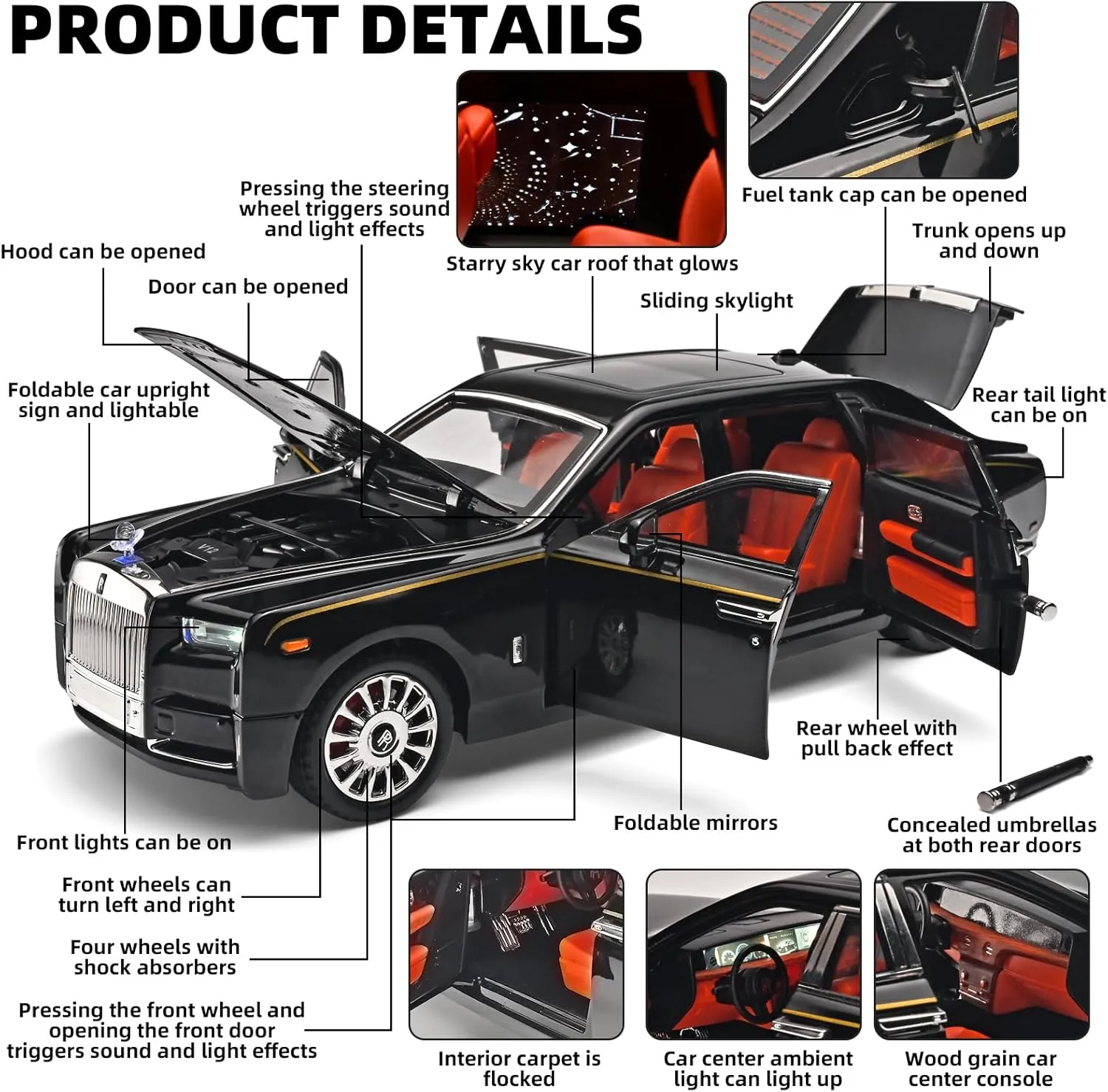 Car Toys for Boys 1/18 Diecast Cars Phantom Model Car Kits Collectible Suitability for Children and Adults,Pull Back Cars with Light and Sound,Toy Cars for Boys Age 4-7（Black）