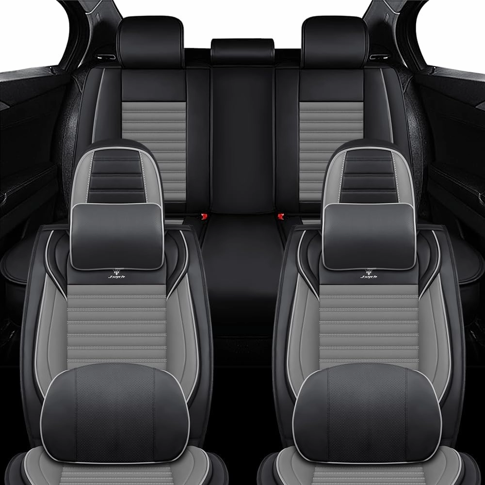 Car Seat Covers Fit for Dodge Hornet 2023-2025 Leather Seat Cover, Storage Pocket, Non-Slip Backing, Zipper Design, Air-Bag Compatible(Full Set with Pillow, Black Gray)