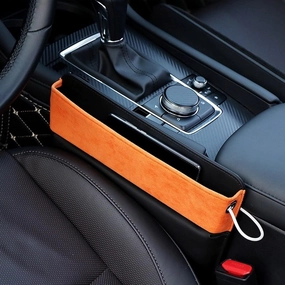 Car Seat Organizer with Gap Filler, 2-in-1 Luxurious Alcantara Storage Box and Leather Seat Console Gap Filler Drop Blocker Stopper Accessories for Sedan SUV Truck Van (Black/Orange, 1 Set)
