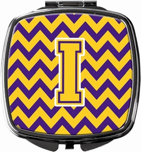 Caroline's Treasures CJ1041-ISCM Letter I Chevron Purple and Gold Compact Mirror Decorative Travel Makeup Mirror for Women Girls Gifts Pocket Makeup Mirror Folding Handheld