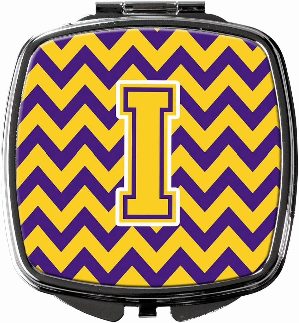 Caroline's Treasures CJ1041-ISCM Letter I Chevron Purple and Gold Compact Mirror Decorative Travel Makeup Mirror for Women Girls Gifts Pocket Makeup Mirror Folding Handheld
