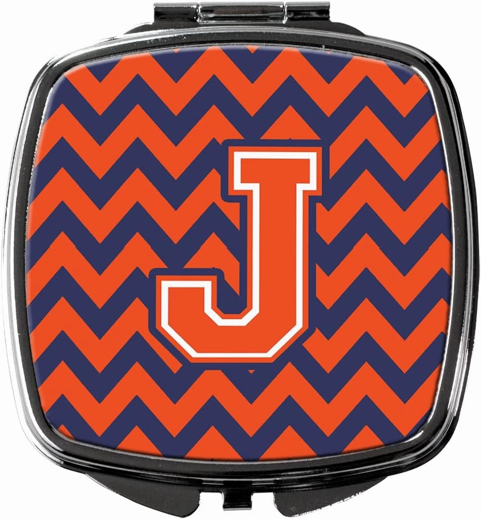 Caroline's Treasures CJ1042-JSCM Letter J Chevron Orange and Blue Compact Mirror Decorative Travel Makeup Mirror for Women Girls Gifts Pocket Makeup Mirror Folding Handheld