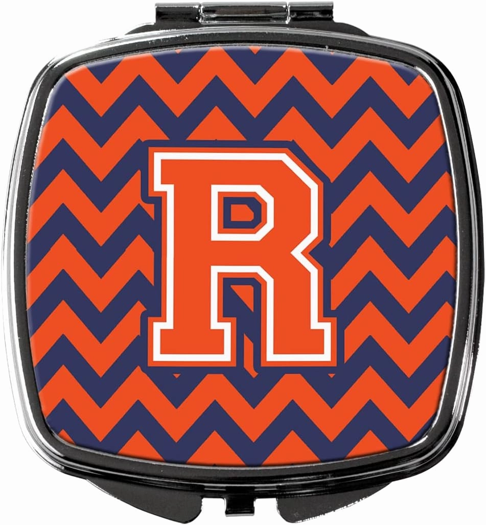Caroline's Treasures CJ1042-RSCM Letter R Chevron Orange and Blue Compact Mirror Decorative Travel Makeup Mirror for Women Girls Gifts Pocket Makeup Mirror Folding Handheld