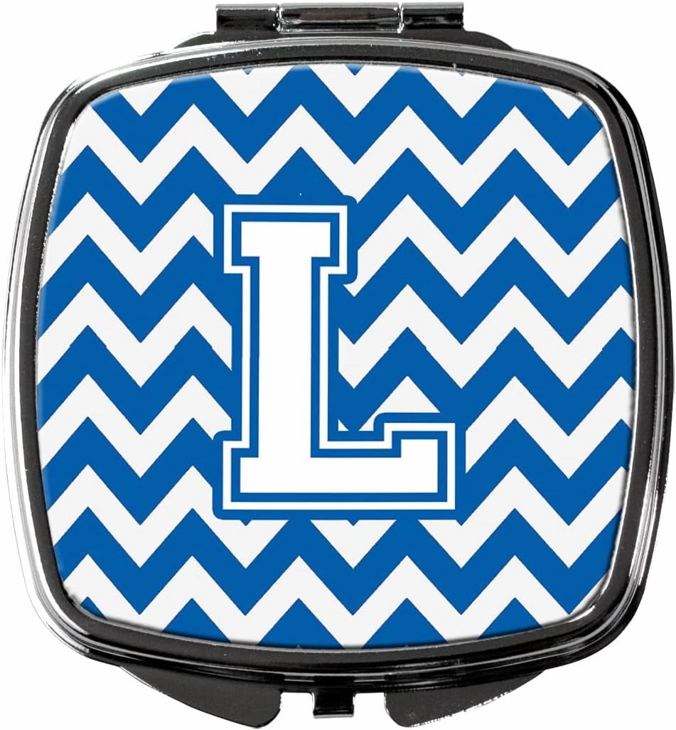 Caroline's Treasures CJ1045-LSCM Letter L Chevron Blue and White Compact Mirror Decorative Travel Makeup Mirror for Women Girls Gifts Pocket Makeup Mirror Folding Handheld