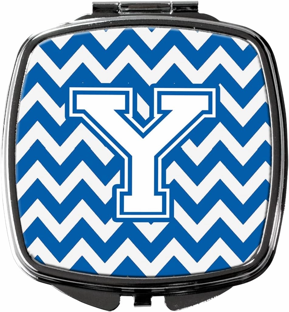 Caroline's Treasures CJ1045-YSCM Letter Y Chevron Blue and White Compact Mirror Decorative Travel Makeup Mirror for Women Girls Gifts Pocket Makeup Mirror Folding Handheld