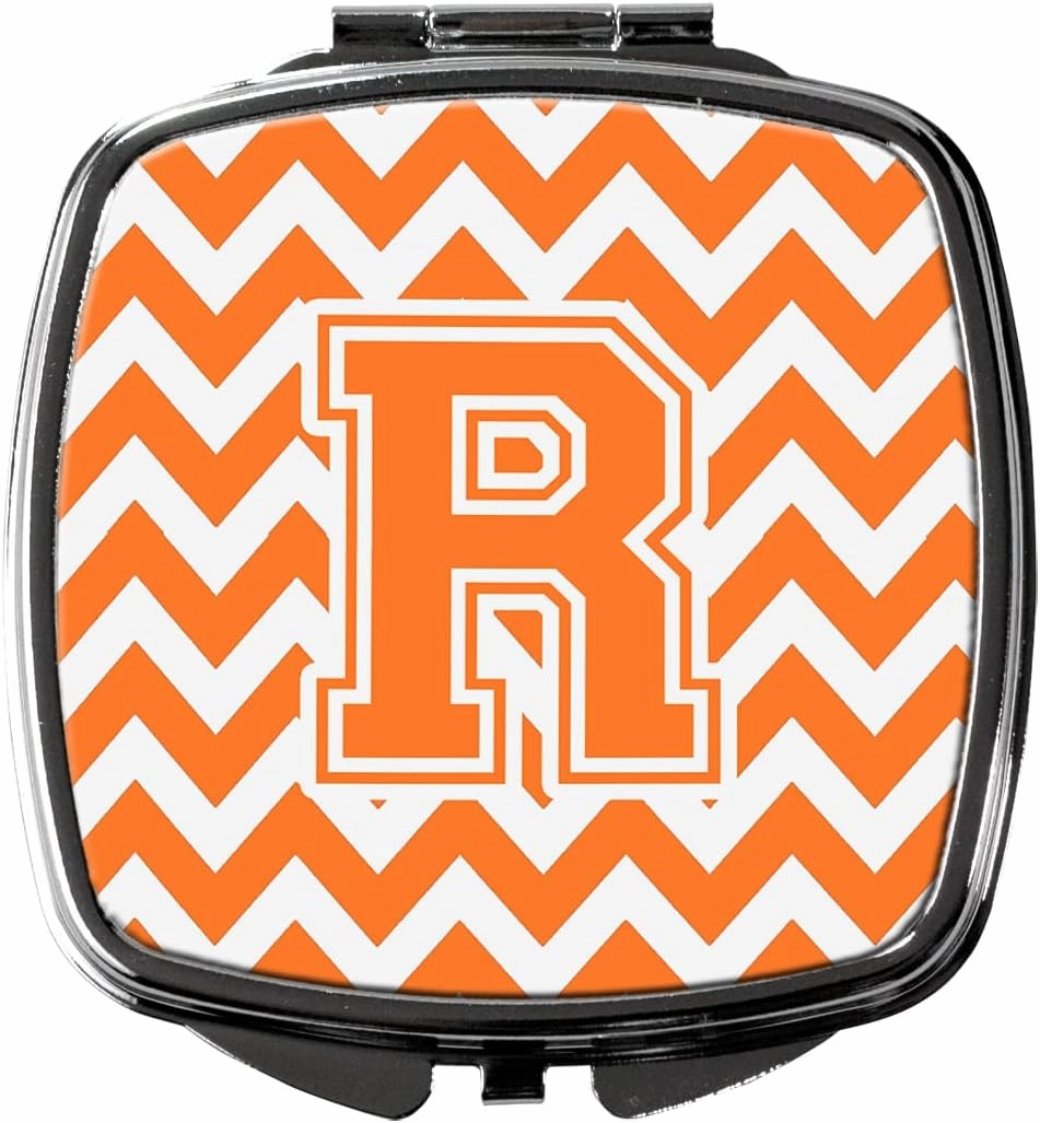 Caroline's Treasures CJ1046-RSCM Letter R Chevron Orange and White Compact Mirror Decorative Travel Makeup Mirror for Women Girls Gifts Pocket Makeup Mirror Folding Handheld