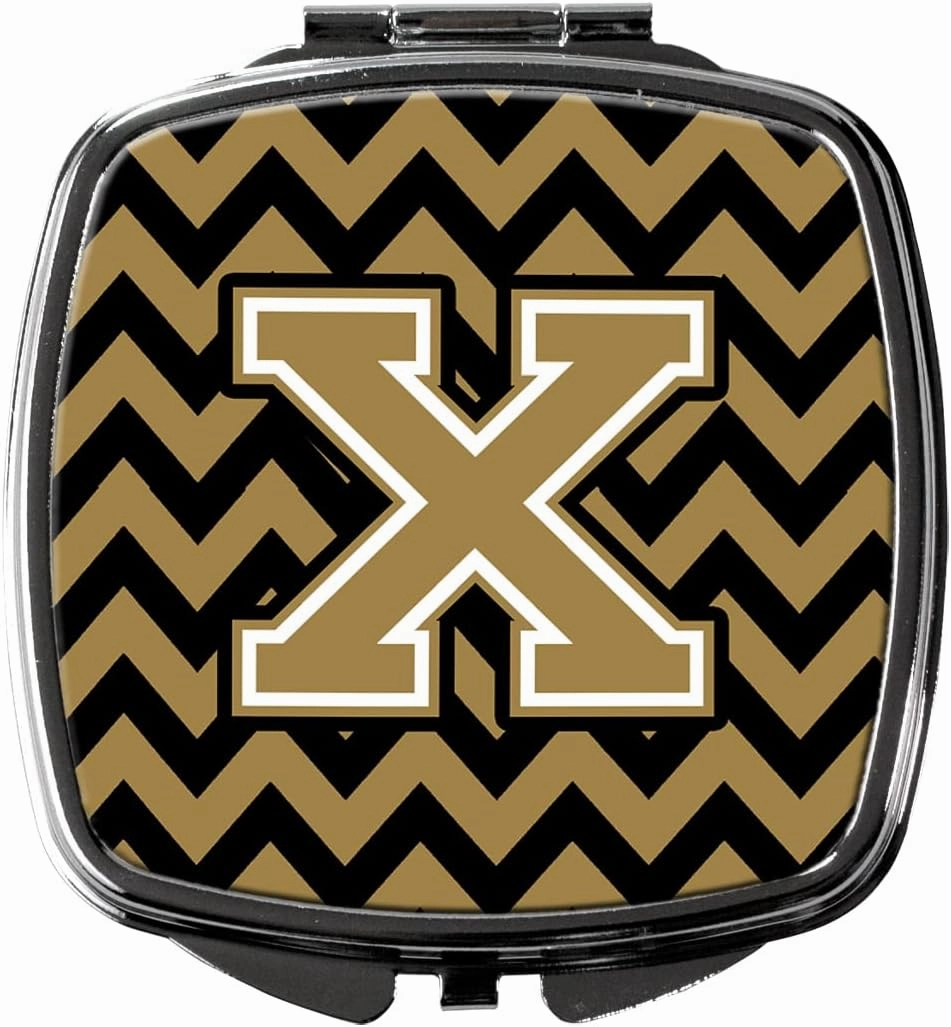 Caroline's Treasures CJ1050-XSCM Letter X Chevron Black and Gold Compact Mirror Decorative Travel Makeup Mirror for Women Girls Gifts Pocket Makeup Mirror Folding Handheld