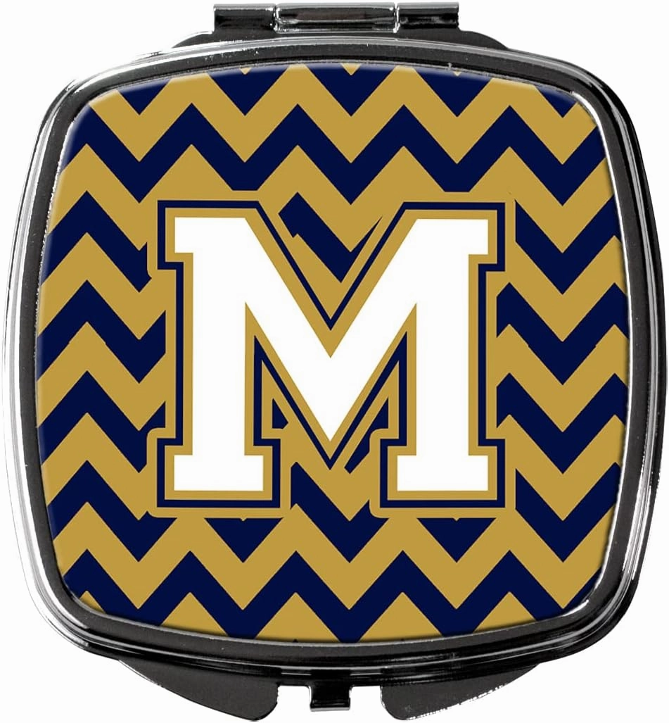 Caroline's Treasures CJ1057-MSCM Letter M Chevron Navy Blue and Gold Compact Mirror Decorative Travel Makeup Mirror for Women Girls Gifts Pocket Makeup Mirror Folding Handheld