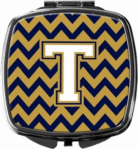 Caroline's Treasures CJ1057-TSCM Letter T Chevron Navy Blue and Gold Compact Mirror Decorative Travel Makeup Mirror for Women Girls Gifts Pocket Makeup Mirror Folding Handheld