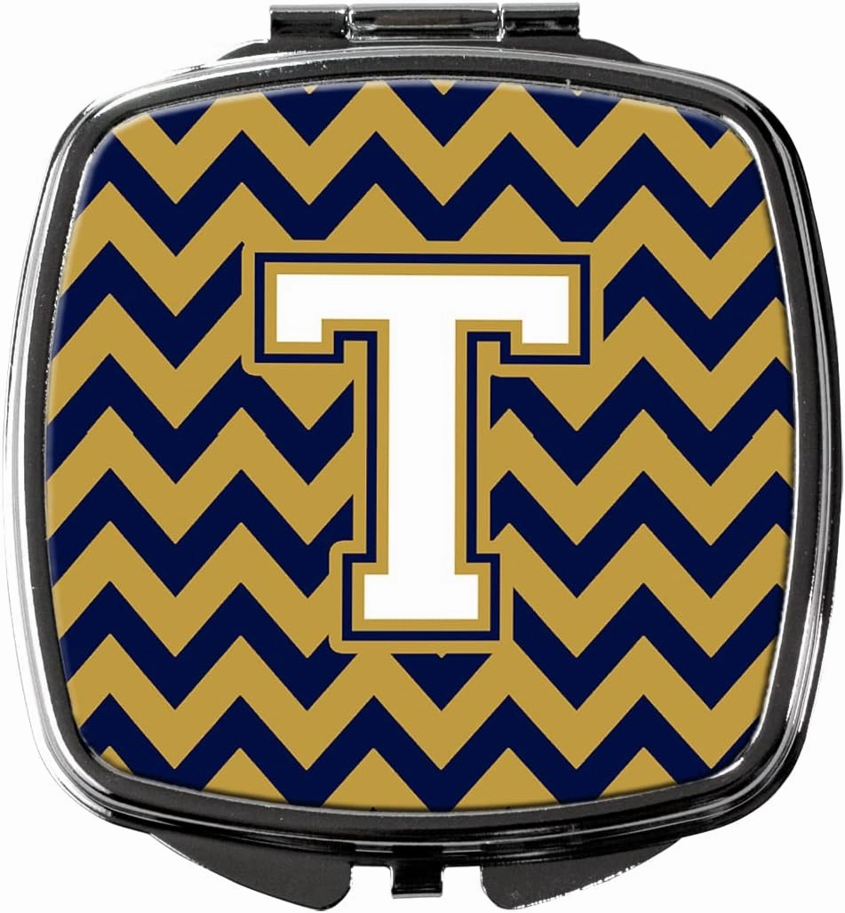 Caroline's Treasures CJ1057-TSCM Letter T Chevron Navy Blue and Gold Compact Mirror Decorative Travel Makeup Mirror for Women Girls Gifts Pocket Makeup Mirror Folding Handheld