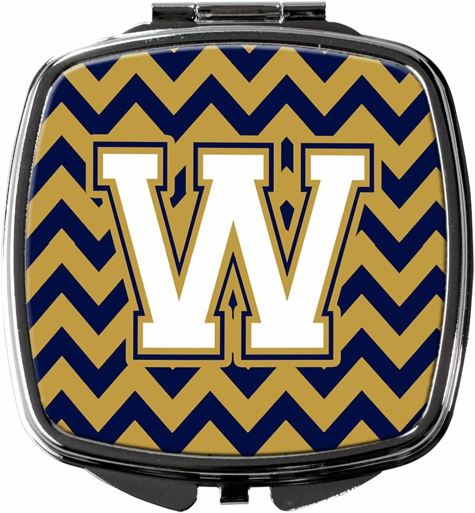 Caroline's Treasures CJ1057-WSCM Letter W Chevron Navy Blue and Gold Compact Mirror Decorative Travel Makeup Mirror for Women Girls Gifts Pocket Makeup Mirror Folding Handheld