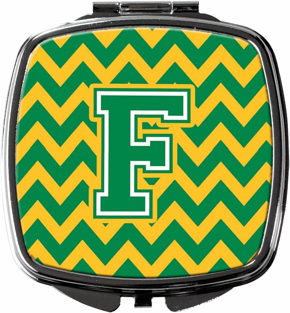 Caroline's Treasures CJ1059-FSCM Letter F Chevron Green and Gold Compact Mirror Decorative Travel Makeup Mirror for Women Girls Gifts Pocket Makeup Mirror Folding Handheld