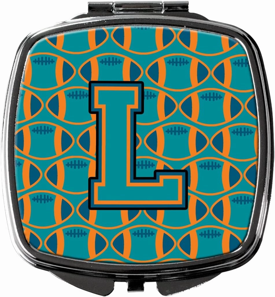 Caroline's Treasures CJ1063-LSCM Letter L Football Aqua, Orange and Marine Blue Compact Mirror Decorative Travel Makeup Mirror for Women Girls Gifts Pocket Makeup Mirror Folding Handheld