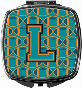 Caroline's Treasures CJ1063-LSCM Letter L Football Aqua, Orange and Marine Blue Compact Mirror Decorative Travel Makeup Mirror for Women Girls Gifts Pocket Makeup Mirror Folding Handheld