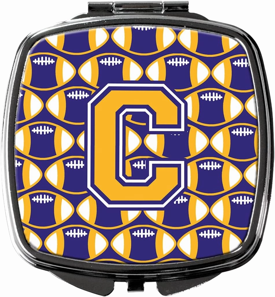 Caroline's Treasures CJ1064-CSCM Letter C Football Purple and Gold Compact Mirror Decorative Travel Makeup Mirror for Women Girls Gifts Pocket Makeup Mirror Folding Handheld
