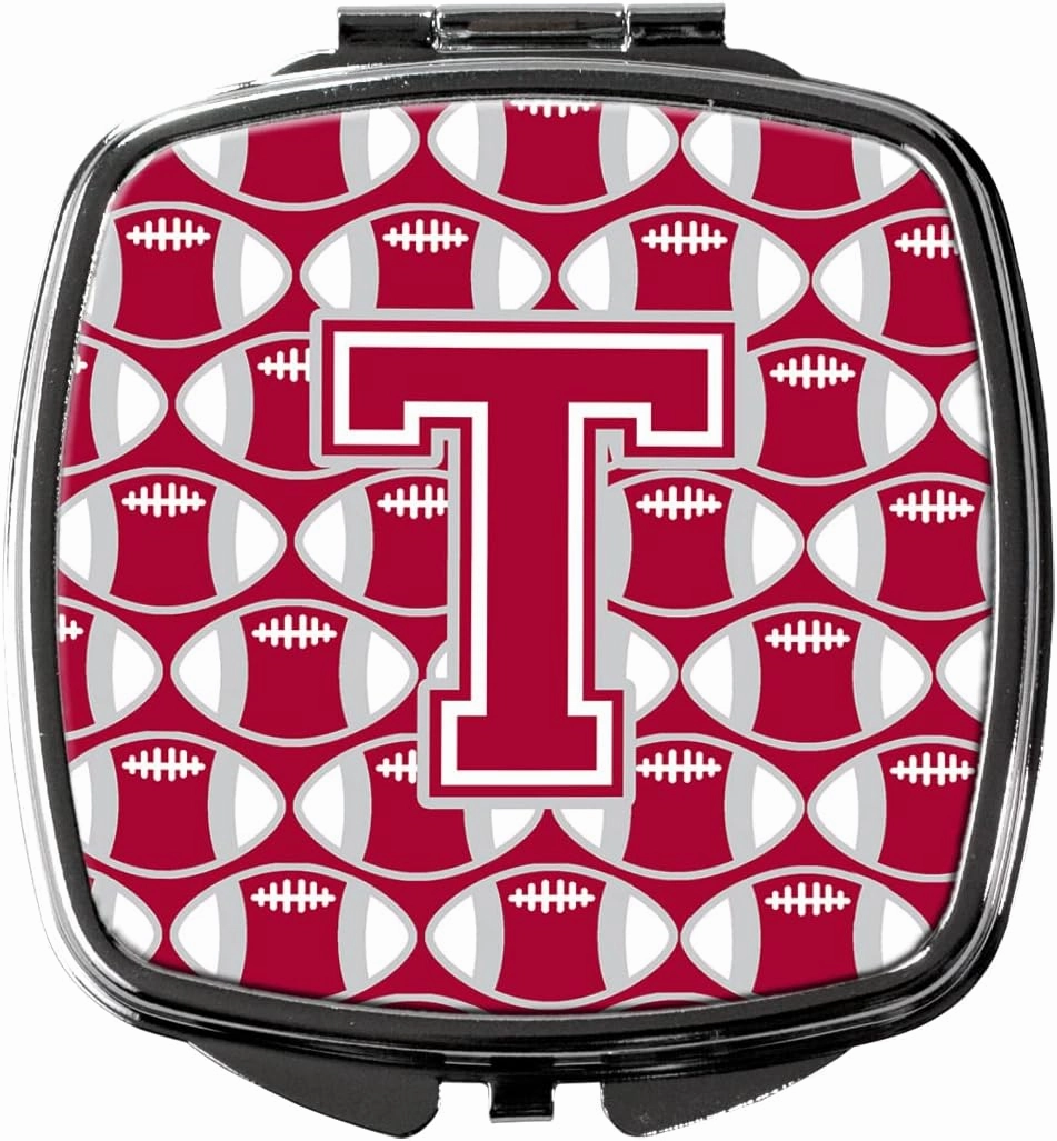 Caroline's Treasures CJ1065-TSCM Letter T Football Crimson, grey and white Compact Mirror Decorative Travel Makeup Mirror for Women Girls Gifts Pocket Makeup Mirror Folding Handheld