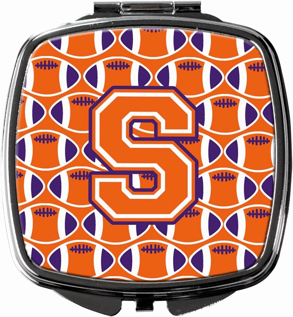 Caroline's Treasures CJ1072-SSCM Letter S Football Orange, White and Regalia Compact Mirror Decorative Travel Makeup Mirror for Women Girls Gifts Pocket Makeup Mirror Folding Handheld