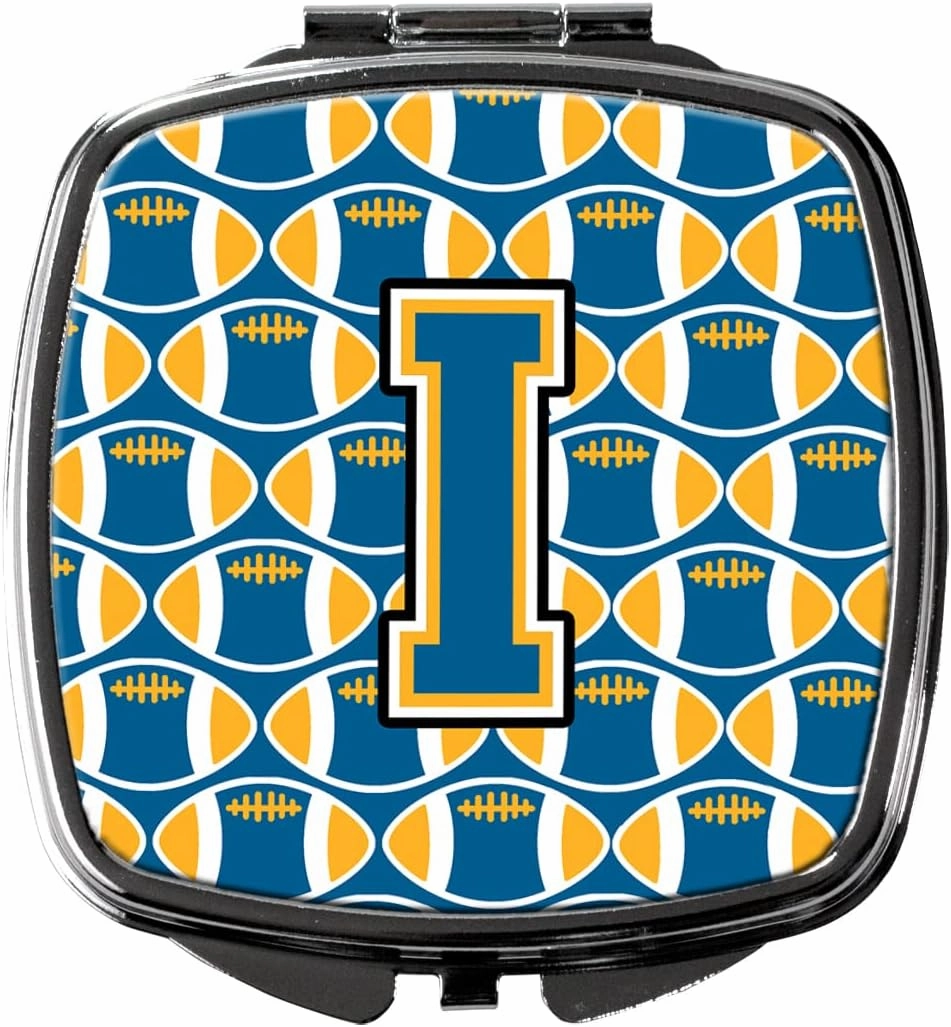 Caroline's Treasures CJ1077-ISCM Letter I Football Blue and Gold Compact Mirror Decorative Travel Makeup Mirror for Women Girls Gifts Pocket Makeup Mirror Folding Handheld