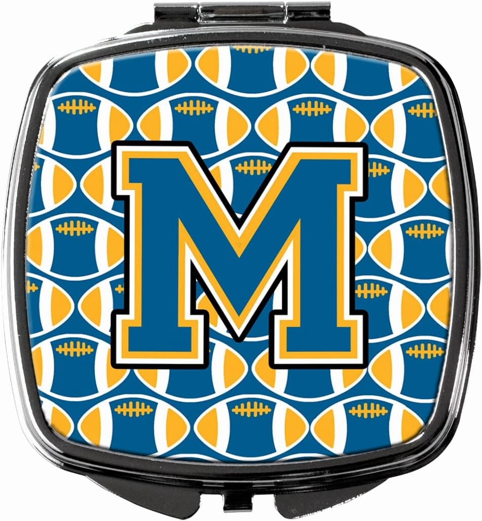 Caroline's Treasures CJ1077-MSCM Letter M Football Blue and Gold Compact Mirror Decorative Travel Makeup Mirror for Women Girls Gifts Pocket Makeup Mirror Folding Handheld
