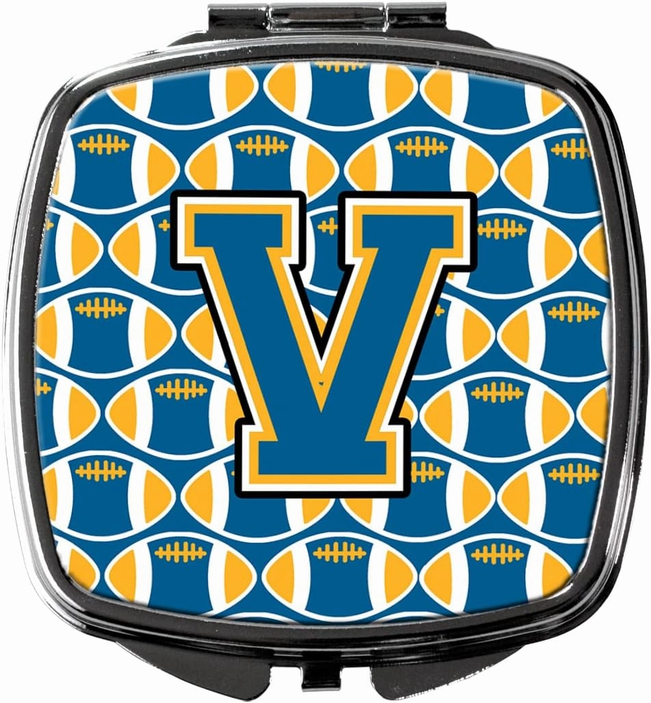 Caroline's Treasures CJ1077-VSCM Letter V Football Blue and Gold Compact Mirror Decorative Travel Makeup Mirror for Women Girls Gifts Pocket Makeup Mirror Folding Handheld