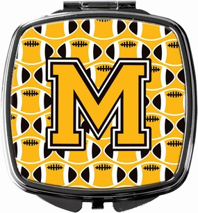 Caroline's Treasures CJ1080-MSCM Letter M Football Black, Old Gold and White Compact Mirror Decorative Travel Makeup Mirror for Women Girls Gifts Pocket Makeup Mirror Folding Handheld