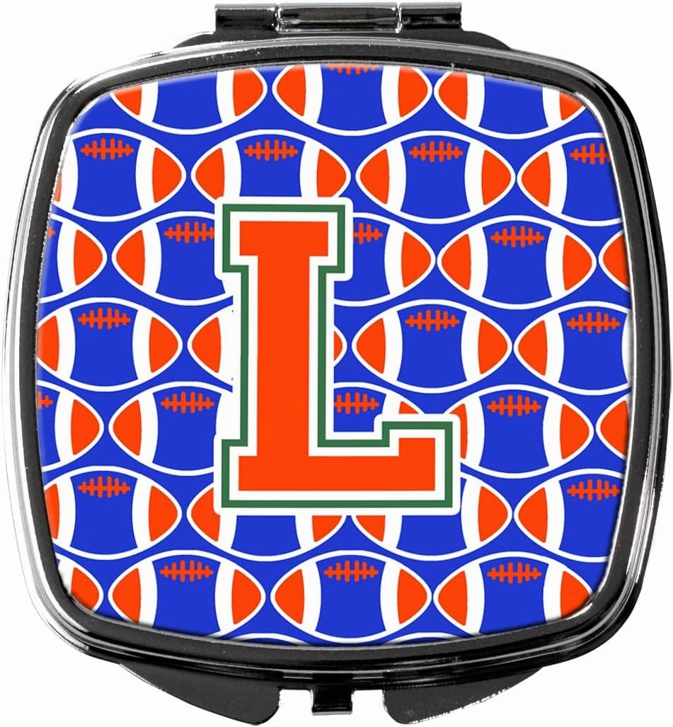 Caroline's Treasures CJ1083-LSCM Letter L Football Green, Blue and Orange Compact Mirror Decorative Travel Makeup Mirror for Women Girls Gifts Pocket Makeup Mirror Folding Handheld
