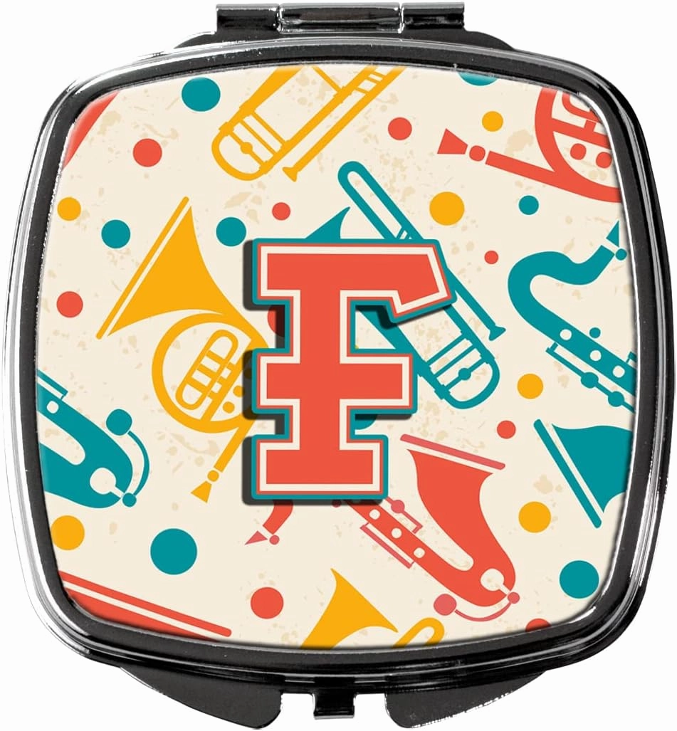 Caroline's Treasures CJ2001-FSCM Letter F Retro Teal Orange Musical Instruments Initial Compact Mirror Decorative Travel Makeup Mirror for Women Girls Gifts Pocket Makeup Mirror Folding Handheld