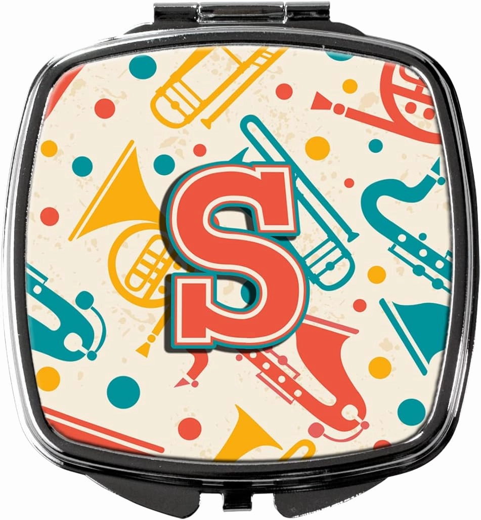 Caroline's Treasures CJ2001-SSCM Letter S Retro Teal Orange Musical Instruments Initial Compact Mirror Decorative Travel Makeup Mirror for Women Girls Gifts Pocket Makeup Mirror Folding Handheld