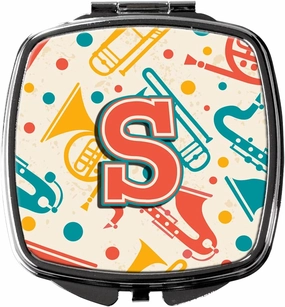Caroline's Treasures CJ2001-SSCM Letter S Retro Teal Orange Musical Instruments Initial Compact Mirror Decorative Travel Makeup Mirror for Women Girls Gifts Pocket Makeup Mirror Folding Handheld