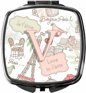Caroline's Treasures CJ2002-VSCM Letter V Love in Paris Pink Compact Mirror Decorative Travel Makeup Mirror for Women Girls Gifts Pocket Makeup Mirror Folding Handheld