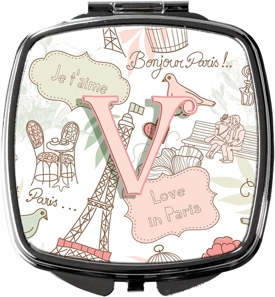 Caroline's Treasures CJ2002-VSCM Letter V Love in Paris Pink Compact Mirror Decorative Travel Makeup Mirror for Women Girls Gifts Pocket Makeup Mirror Folding Handheld