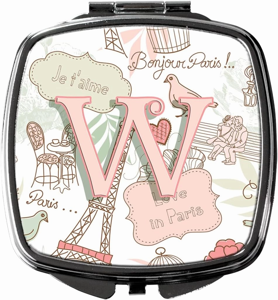 Caroline's Treasures CJ2002-WSCM Letter W Love in Paris Pink Compact Mirror Decorative Travel Makeup Mirror for Women Girls Gifts Pocket Makeup Mirror Folding Handheld