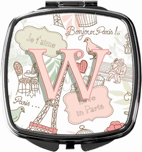 Caroline's Treasures CJ2002-WSCM Letter W Love in Paris Pink Compact Mirror Decorative Travel Makeup Mirror for Women Girls Gifts Pocket Makeup Mirror Folding Handheld