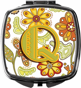 Caroline's Treasures CJ2003-QSCM Letter Q Floral Mustard and Green Compact Mirror Decorative Travel Makeup Mirror for Women Girls Gifts Pocket Makeup Mirror Folding Handheld