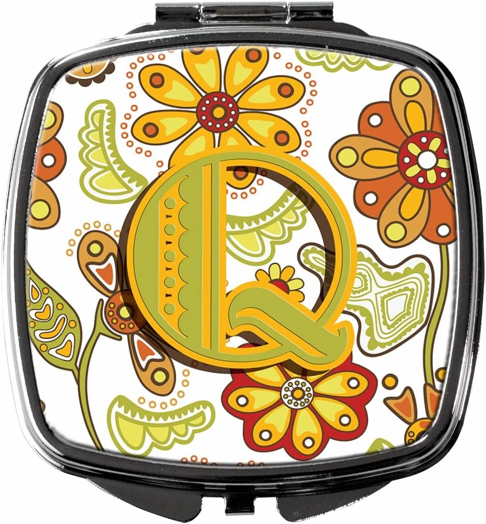Caroline's Treasures CJ2003-QSCM Letter Q Floral Mustard and Green Compact Mirror Decorative Travel Makeup Mirror for Women Girls Gifts Pocket Makeup Mirror Folding Handheld