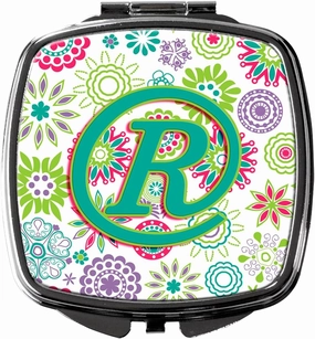 Caroline's Treasures CJ2011-RSCM Letter R Flowers Pink Teal Green Initial Compact Mirror Decorative Travel Makeup Mirror for Women Girls Gifts Pocket Makeup Mirror Folding Handheld