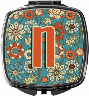 Caroline's Treasures CJ2012-NSCM Letter N Flowers Retro Blue Compact Mirror Decorative Travel Makeup Mirror for Women Girls Gifts Pocket Makeup Mirror Folding Handheld