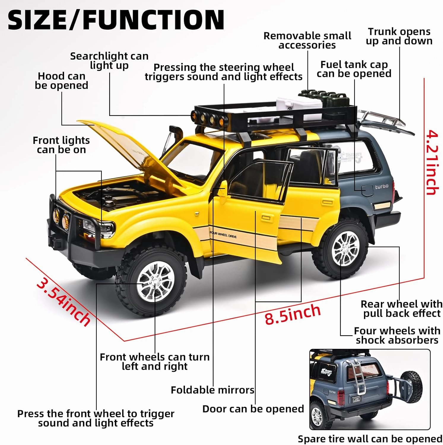 Cars for Boys 1/24 Diecast Car Land Cruiser LC80 Model,Pull Back Cars with Light and Sound,Die Cast Metal Landcruiser Car Model Collectible,Cars for Kids Ages 4-8（Yellow）